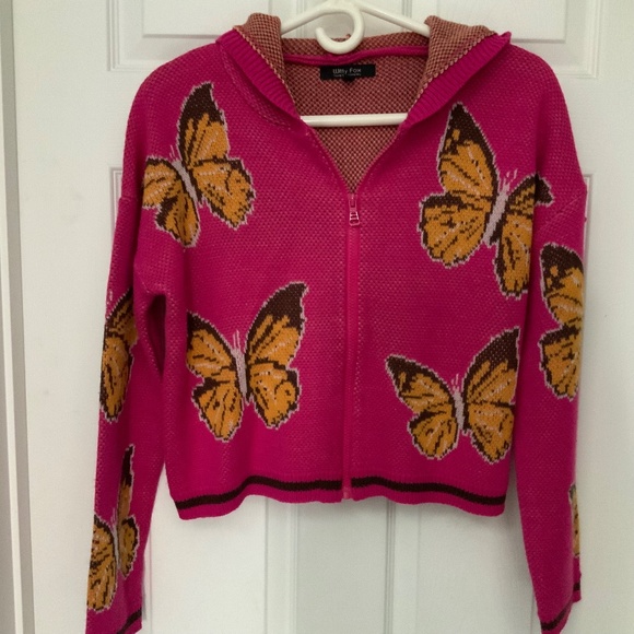 Cropped, Hooded, Zip Front Cardigan with Butterflies - Picture 1 of 11